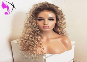 New brown roots with blonde color ombre wigs Heat Resistant two tone afro kinky curly synthetic lace front wig for africa american5819838