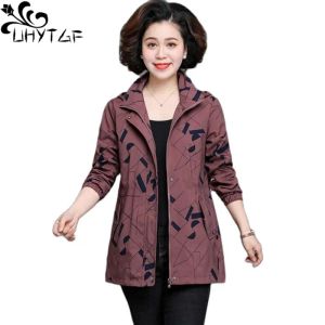 Trenche Uhytgf Middleaged Women Spring Autumn Trench Coat Fashion Print Hooded Casual Female Outerwear Thin Loose Size Windbreaker 1954