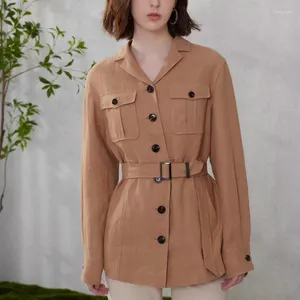 Women's Trench Coats 2024 Spring Linen Jacket Suit Collar Waist Belted Mid-length Coat For Women