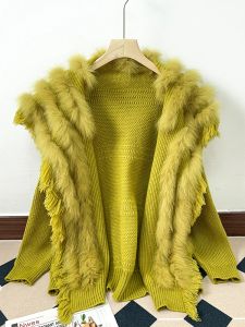 ジャケットzdfurs*本物のキツネの毛皮ヨーロッパの商品タッセルゆるいアイドルスタイルニットカーディガンコート女性セーターステッチファーレディース