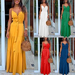 Summer Women's Bohemian Maxi Dress Solid Color Loose Waist V-Neck Belted White Yellow Red Green Blue Colors S-XXXL Sizes