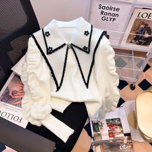 Pullovers French Navy Collar Black Sweater Women's Design 2022 Autumn Winter New Color Contrast Knitted Bubble Hleeve Top