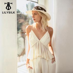 Kvinnors tankar Lilysilk Summer 18 Momme Silk Camisole 2024 Femme Pleated V Neck Pactchwork Tank Top Ladies Boho Outfits