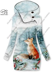 Vestidos 3d impressão natal floco de neve série animal bonito raposa padrão gola especial feminino longo camisola vestido casual e quente