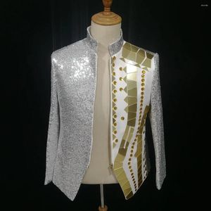 Scen Wear Dancer Performance Nightclub Bar Costume Gold Mirror Crystals Men Blazers Shining Sequin Stand Collar Zipper Coat Singer