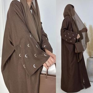 Abbigliamento etnico Abaya di lino per le donne Ricamo luna Abaya aperto Kimono Musulmano Dubai Lusso Turchia Caftano Abito Hijab Saudita islamica