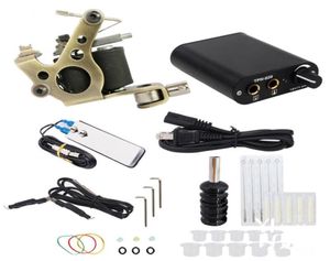 Nybörjare Tattoo Machine Kit Set 1 Guldspolar Guns Black Pigment Set Power Tattoo Grips Kits Permanent Makeup1994596