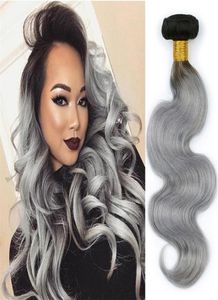 Brazilian Ombre Silver Grey Human Hair Wefts with Closure Body Wave 1B Gray Ombre 4x4 Lace Frontal Closure with Virgin Hair Weave8951871