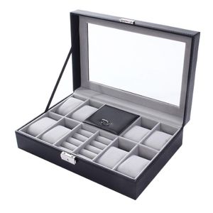 Titta på lådor Mixed Grids Wacth Box Leather Case Storage Organizer Luxury Jewelry Ring Display Black Quality 2 i 1255Y