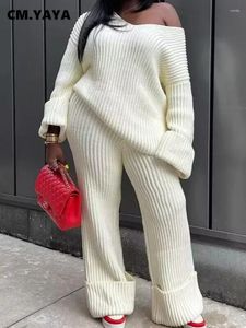 Women's Two Piece Pants CM. Knit Ribbed Set Long Sleeve V-neck Sweater And Wide Leg Straight 2024 INS 2 Outfit Tracksuit