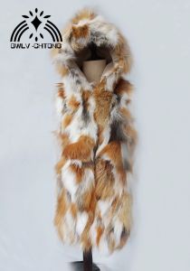 Fur Nowy oryginalny naturalny kamizelka futra prawdziwego lisa damska długa kamizelka z futra z czerwonym lisem z hood gilet o długości 70 cm