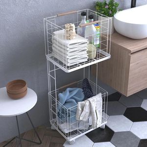 Hooks 2-Tier Wire Laundry Basket Metal Large Bulter Foldable Rolling Sorter Cart Hamper With Wheels White