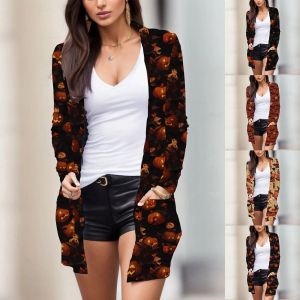 Jaquetas femininas outono dia das bruxas cardigan esqueleto abóbora impressão casaco botão blusas camisa branca trabalho wear femme blusas impressão vintage