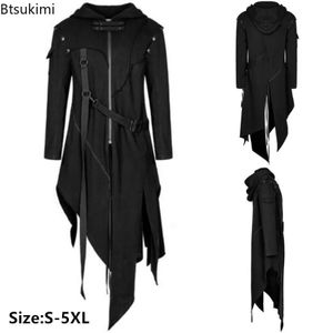 2024 Herren Punk-Stil Unregelmäßige Trenchcoats Schwarz Gothic Lange Kapuzenjacken Halloween Mann Cosplay Kostüm Große Größe S-5XL 240304