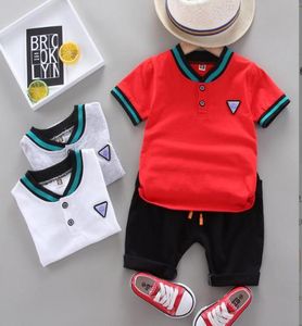 2021 New Summer Children039S 소년 잘 생긴 캐주얼 스탠드 칼라 두 버튼 삼각형 라벨 짧은 슬리브 반바지 트위 곡 Set9141497