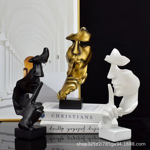 Pensador estátua escultura silêncio é estatuetas de ouro resina retro decoração para casa para escritório estudo sala estar abstrato rosto ornamentos 240219