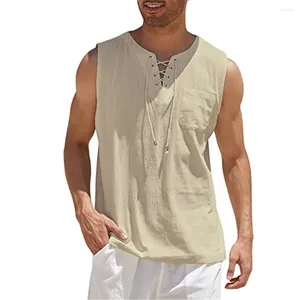 Mäns casual skjortor tank tops fast färg bomull bomullslinne tie-in krage ärmlös sommar v-ringning väst andas enkel