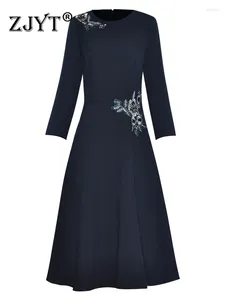 Casual Dresses Zjyt Runway Fashion Floral Embroidery Autumn For Women 2024 Elegant Deep Blue Vestidos Three Quarter Sleeve Midi Party