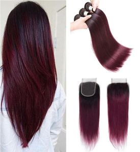 Färgade brasilianska Bourgogne Virgin Hair Bunds med spetsstängning 1B99J Brasiliansk ombre raka mänskliga hårvävförlängningar med4718444