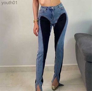 Kvinnors jeans skarvade denimbyxor för kvinnor med hög midja byxor designer varumärken jeans slim långbyxa 240304