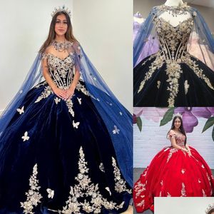 In Stock Special Occasion Dresses Embroidered Veet Quinceanera Dress 2024 Detachable Tle Cape Gold 3D Floral Quince Ballgown Corset Dhwox