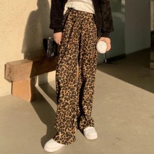 Capris XPQBB Summer Leopard Wide Leg Pants Women Korean Hög midja Löst raka byxor Kvinna Young Streetwear Hiphop Casual Pants