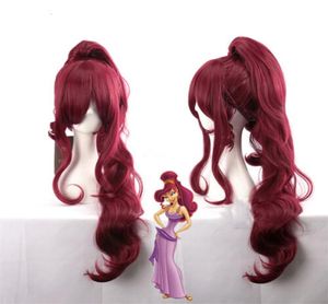 Popular princesa megara peruca cosplay meg longo vinho tinto perucas de cabelo sintético cosplay7652798
