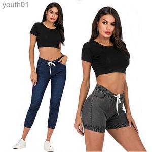 Women's Jeans Washing Jeans Jogger Pants Slim lace Elastic Waist drstring shorts Jeans Trousers Fashion Women Clothes will and sandy gift 240304