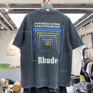 ブランドデザイナーTシャツの男性女性ビンテージヘビーファブリックrhude箱の視点ティーティー少しゆるいマルチカラー素敵な洗浄Tシャツ210