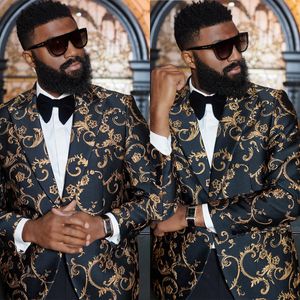 Fashion Wedding Tuxedos Groom Wear Peaked Lapel Golden Jacquard One Button Peaked Lapel Formal Men Suit Custom Size 1 Pieces Blazer