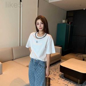 Women's T-shirt Designer Brand Miu Letter Beaded Minimalist Casual Short Sleeved t shirt For Women In Early Spring 2024 New Neckline Full Of Diamond Temperament Top 9W