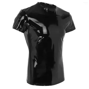 Men's T Shirts Men Shiny PVC Leather Short Sleeve T-Shirts Wet Look Latex Shirt Male Glossy Faux Night Clubwear Tee Tops