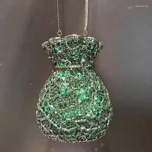 Kvällspåsar Lady Green Flower Bottle Full Rhinestones Wedding Stone Clutch Purse Metal Handbag Bridal Party Handväskor