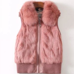 Fur Women's Genuine Real Rabbit Fur Fox Fur Collar Knitting Women's Winter vest Fur Jacket Casual Short Outwear Slim with zipper