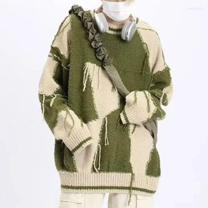 Men's Sweaters Vintage Green Knitted Sweater Men Pullover Y2K Blue Male Winter Harajuku Streetwear Patchwear Autumn Hip Hop