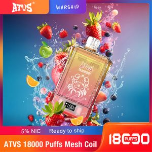 ATVS Warship 18000 PuffSusherable Vape Boxメッシュコイル25mlペンスタイルeタバコ16フレーバー卸売12k 15k 18k