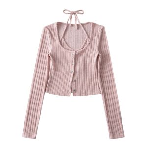 Camicia Autunno moda camicie sexy camicette abiti vintage camicie con bottoni per donna camicetta lavorata a maglia nera stile y2k halter top rosa