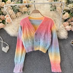 Korean Fashion Rainbow Striped Knitted Cardigan Sweater Women Loose Long-Sleeve V-neck Tie-Dye Tops Ladies Sueters De Mujer 240227