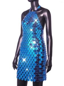 Lässige Kleider 2024 Königsblaues Acryl-Perlen-Minikleid, rückenfrei, Neckholder, sexy Abendkleid, handgefertigt, mit Pailletten, Perlen, figurbetont, Körperkette