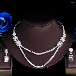 Necklace Earrings Set ThreeGraces Bling Baguette Cubic Zirconia Silver Color Dubai Bridal Wedding And Jewelry For Women TZ973