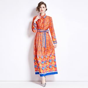 Fashion Printed Orange Women Maxi Dress Button Long Sleeve Designer Runway Elegant Sashes Dresses Lapel Neck Slim Ladies Office Casual Party Clothes Frocks Spring