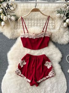 Conjuntos Singiny Lace Pijamas Duas Peças Ternos Verão Lingerie Fina Camis + Dividir Calças Curtas 2023 Francês Backless Erótico Conjuntos de Roupa Interior