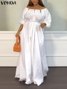 Klänning Vonda Sexig Off Shoulder Maxi Dress Women 2023 Autumn Long Sleeve Solid Color Belted Bohemian Robe Elegant Casual Party Vestidos