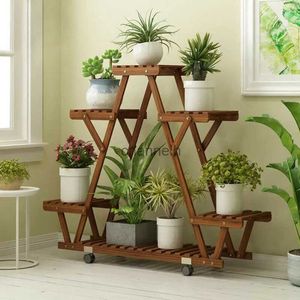 Other Garden Buildings Triangular Plant Shelf 6 Potted Carbonized Wood Plant Holder Flower Pot Stand Display Storage Rack with Wheels for Garden YQ240304