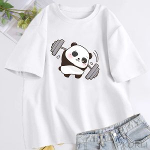 T-Shirts Panda Tshirts Mücadele Gerçek Halter Fitness Spor Salonu Sevimli Tişört Kadın Komik Pamuk Tişörtleri Büyük Boy Giyim