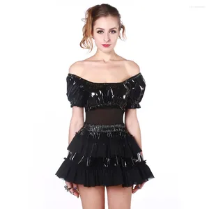 Skirts PVC Pleated Lace Mini Skirt And Latex Sexy Mesh Tops For Women Leather Gauze Patchwork T-Shirt With Ruffle Club Party Suit