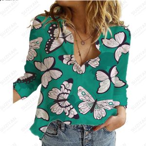 Shirt 2023 Neues Frauenknopf Langarm Shirt Temperament Schmetterling 3D Drucktemperament Straße Sexy Casual Damen Chiffon Shirt