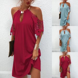 Kleid Einfarbige Kleider für Hochzeitsgäste, Damen, Übergröße, Spitzenärmel, Neckholder-Kleid für Damen, Sommer, sexy trägerloses Sommerkleid