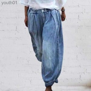 Women's Jeans Womens Jeans Women Elastic Waist Harem Loose Denim Pants Chic Solid Color Button Imitation Cowboy Spring Summer Streetwear Trousers 240304