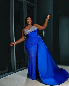 Glitter Blue Sequin Prom Dresses Aso Ebi Plus Sheer Necklines Mermaid Evening Gowns African Formal Party Dress Detachable Train